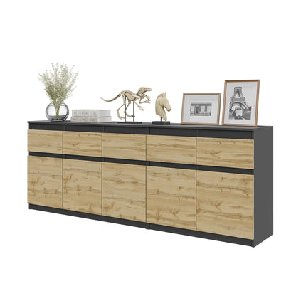 NOAH - Kommode mit 5 Schubladen und 5 Türen - Schlafzimmer Kommode Aufbewahrungsschrank Sideboard - Anthrazit / Wotan Eiche H75cm B200cm T35cm – Furnica