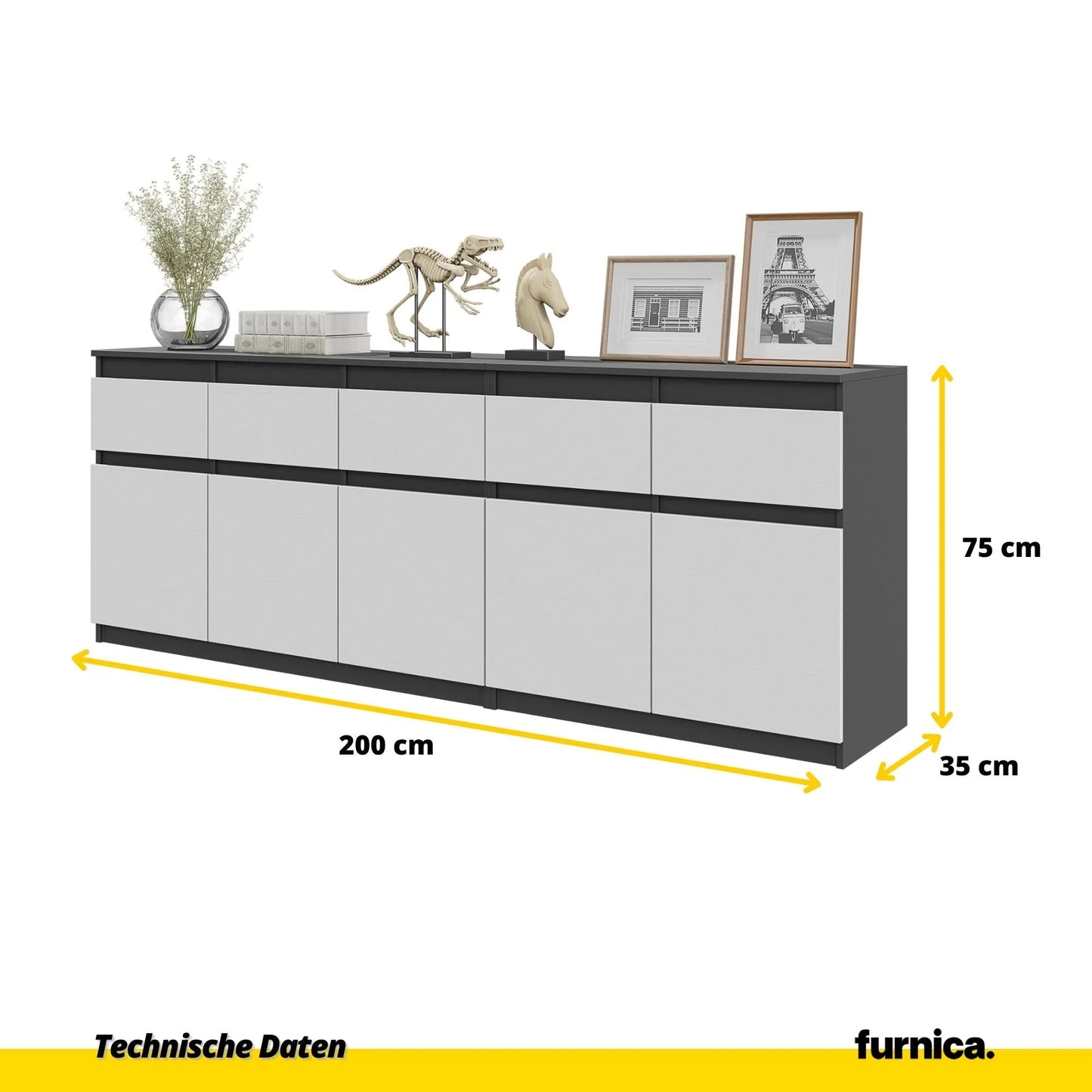 NOAH - Kommode mit 5 Schubladen und 5 Türen - Schlafzimmer Kommode Aufbewahrungsschrank Sideboard - Anthrazit / Weiß Matt H75cm B200cm T35cm – Furnica