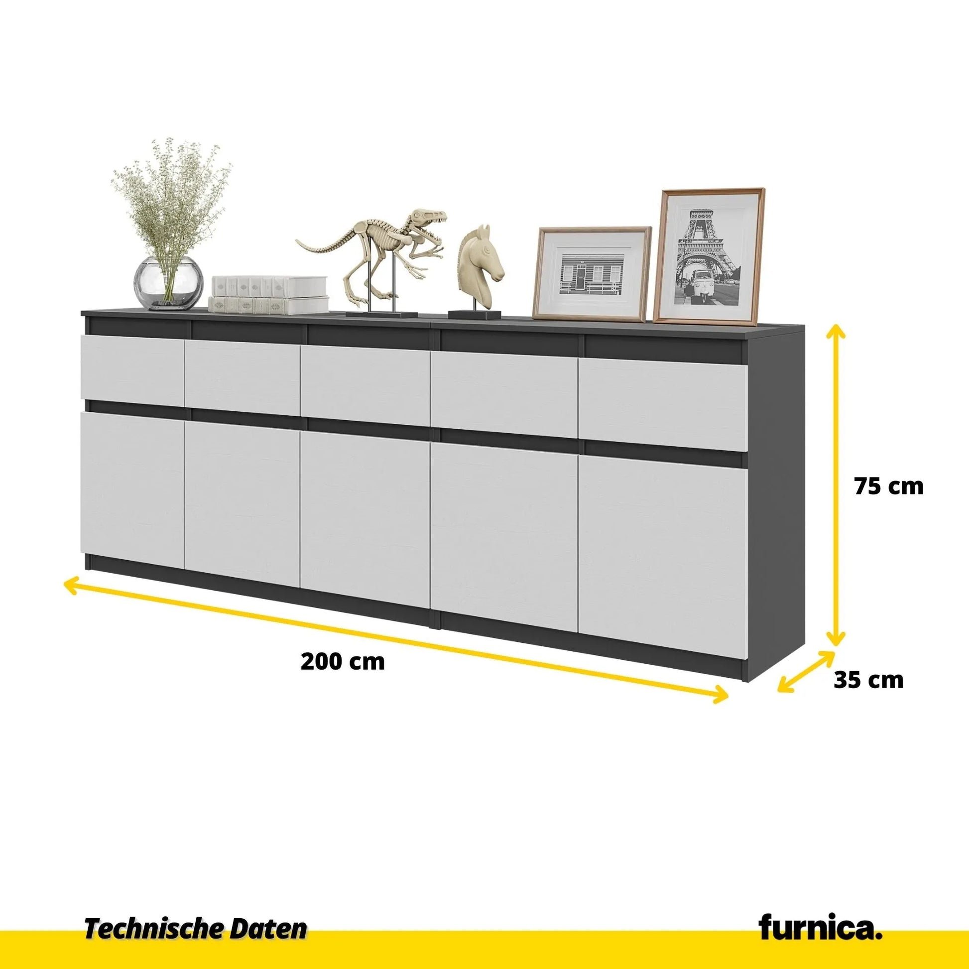 NOAH - Kommode mit 5 Schubladen und 5 Türen - Schlafzimmer Kommode Aufbewahrungsschrank Sideboard - Anthrazit / Weiß Matt H75cm B200cm T35cm – Furnica
