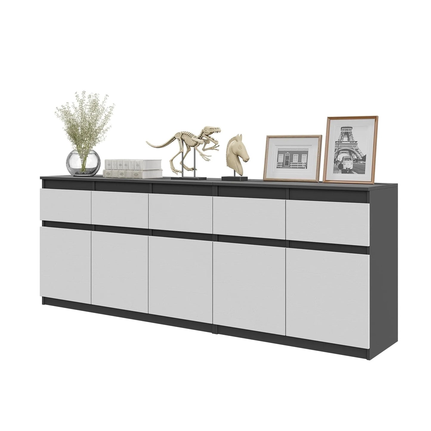 NOAH - Kommode mit 5 Schubladen und 5 Türen - Schlafzimmer Kommode Aufbewahrungsschrank Sideboard - Anthrazit / Weiß Matt H75cm B200cm T35cm – Furnica
