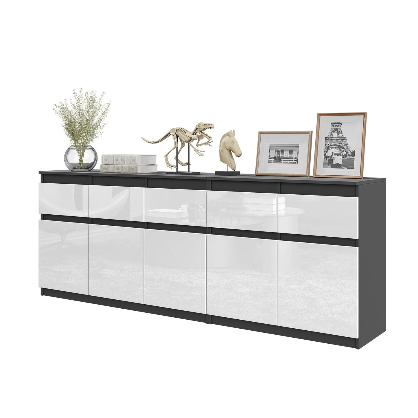 NOAH - Kommode mit 5 Schubladen und 5 Türen - Schlafzimmer Kommode Aufbewahrungsschrank Sideboard - Anthrazit / Weiß Glanz H75cm B200cm T35cm – Furnica
