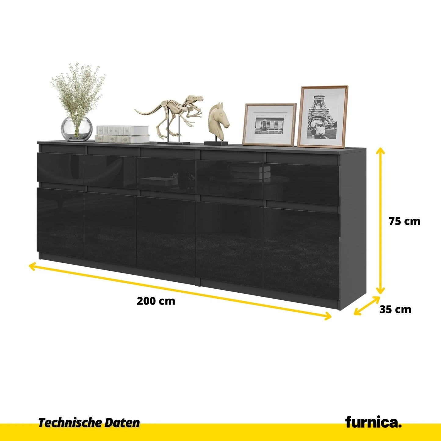 NOAH - Kommode mit 5 Schubladen und 5 Türen - Schlafzimmer Kommode Aufbewahrungsschrank Sideboard - Anthrazit / Schwarz Glanz H75cm B200cm T35cm – Furnica