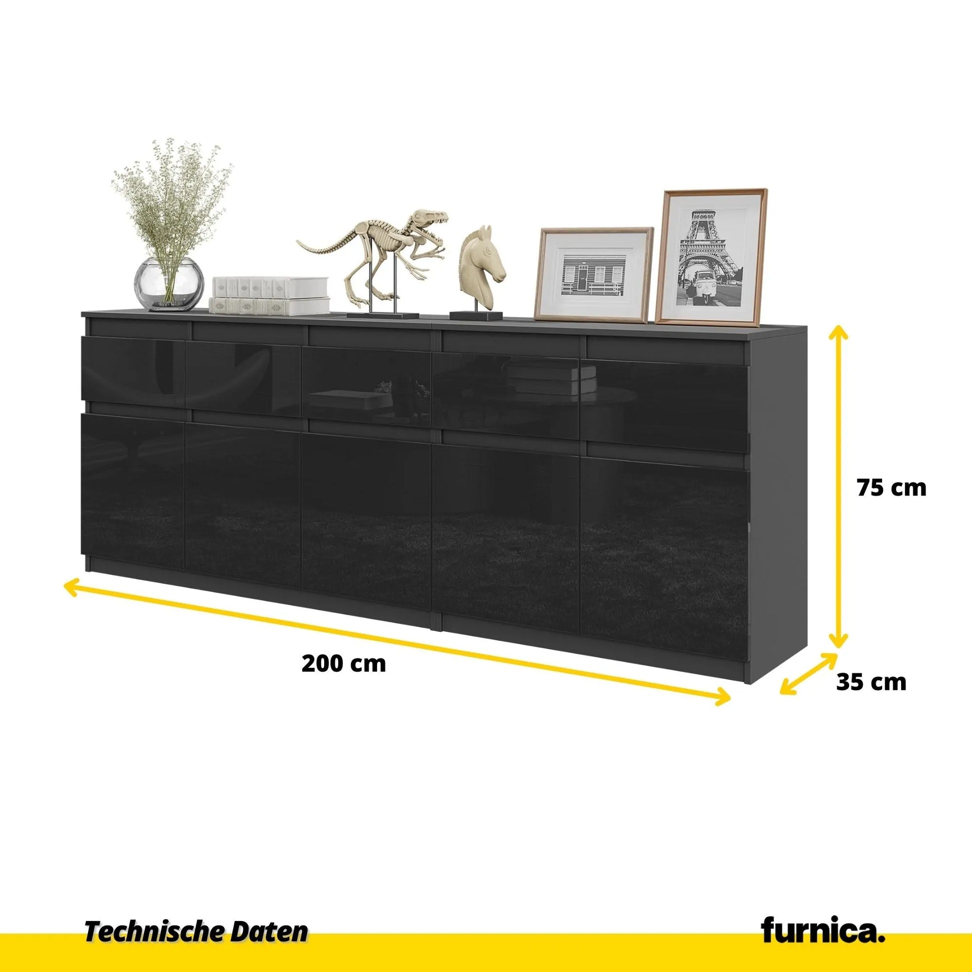 NOAH - Kommode mit 5 Schubladen und 5 Türen - Schlafzimmer Kommode Aufbewahrungsschrank Sideboard - Anthrazit / Schwarz Glanz H75cm B200cm T35cm – Furnica