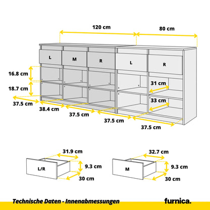 NOAH - Kommode mit 5 Schubladen und 5 Türen - Schlafzimmer Kommode Aufbewahrungsschrank Sideboard - Anthrazit / Weiß Glanz H75cm B200cm T35cm – Furnica