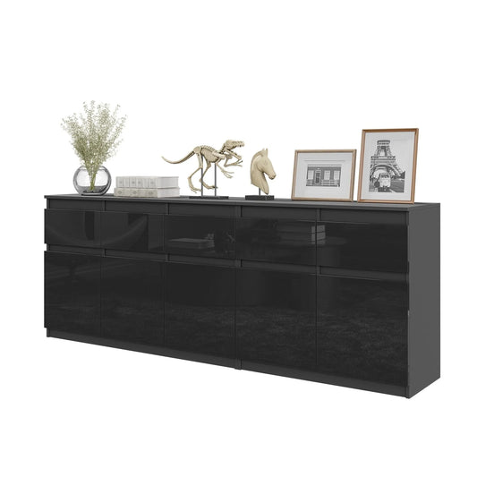 NOAH - Kommode mit 5 Schubladen und 5 Türen - Schlafzimmer Kommode Aufbewahrungsschrank Sideboard - Anthrazit / Schwarz Glanz H75cm B200cm T35cm – Furnica