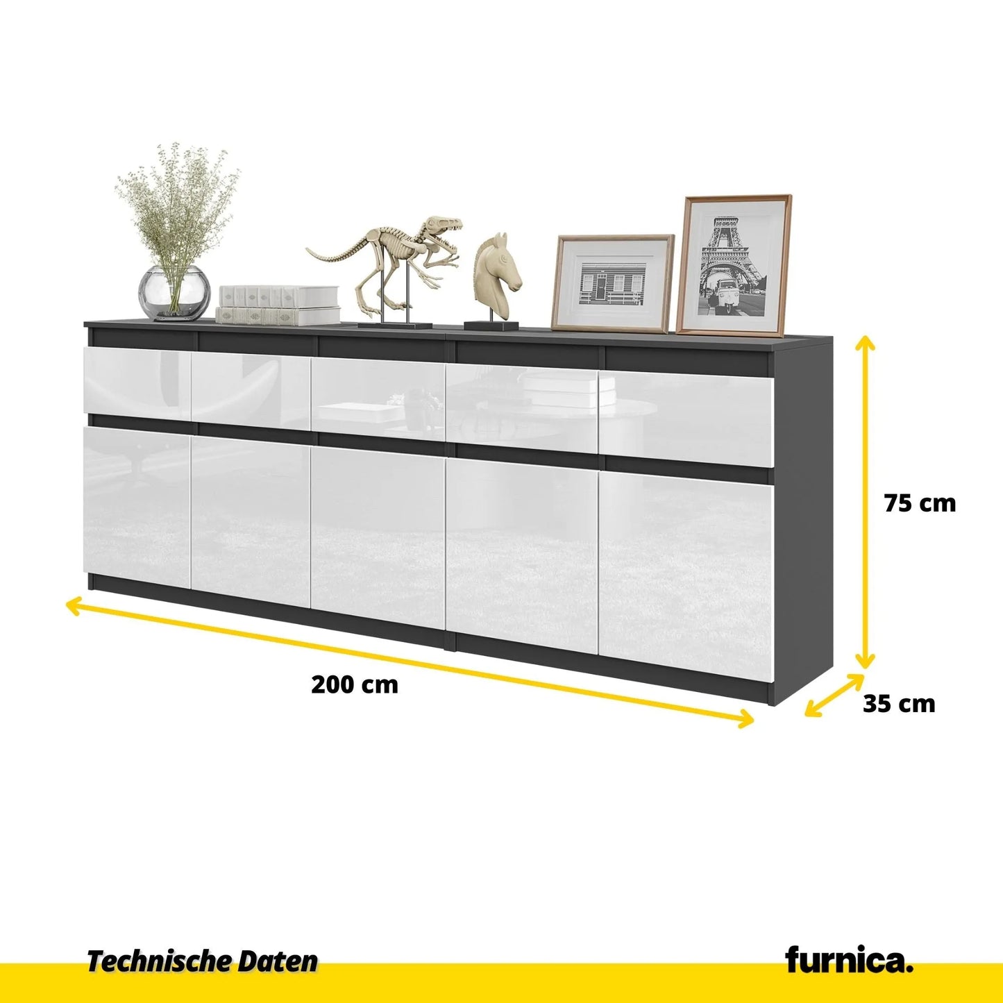 NOAH - Kommode mit 5 Schubladen und 5 Türen - Schlafzimmer Kommode Aufbewahrungsschrank Sideboard - Anthrazit / Weiß Glanz H75cm B200cm T35cm – Furnica
