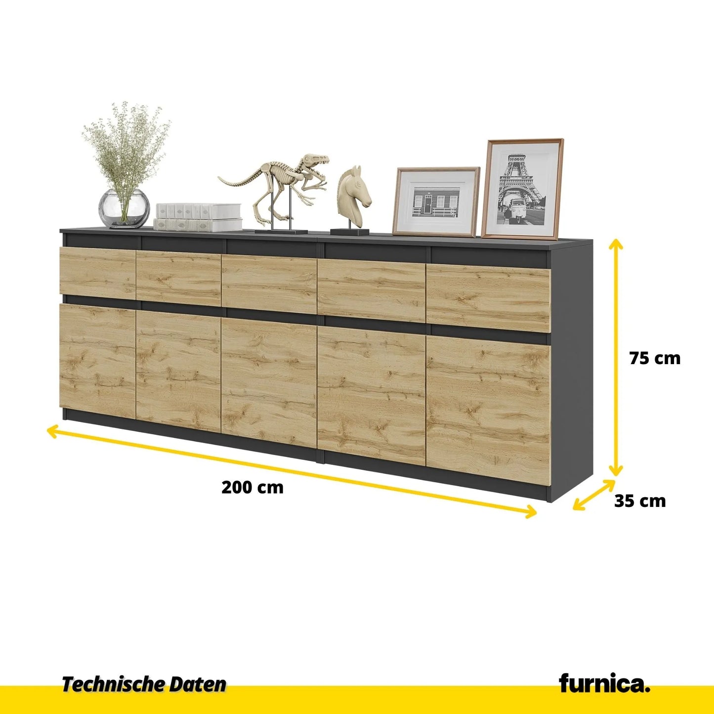 NOAH - Kommode mit 5 Schubladen und 5 Türen - Schlafzimmer Kommode Aufbewahrungsschrank Sideboard - Anthrazit / Wotan Eiche H75cm B200cm T35cm – Furnica