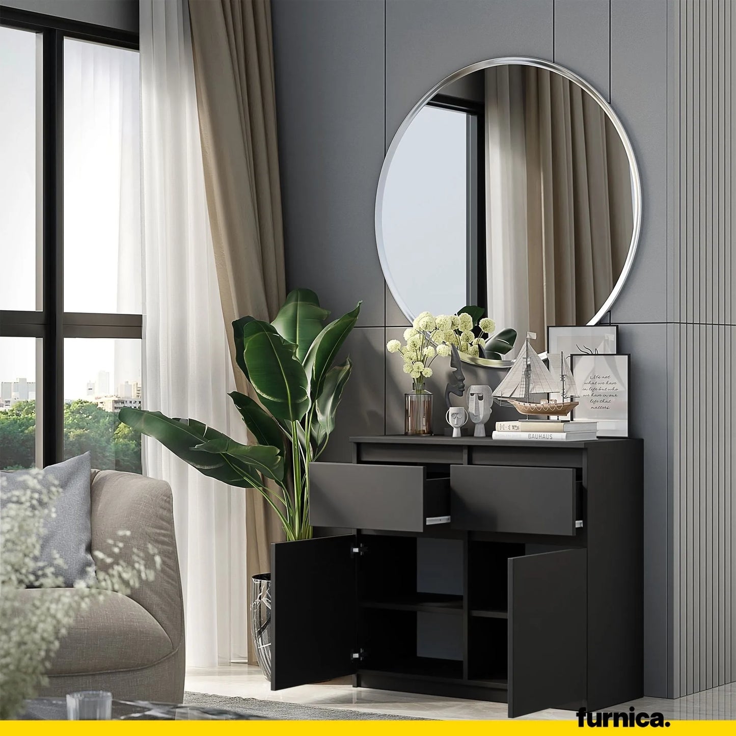 NOAH - Kommode / Sideboard mit 2 Schubladen und 2 Türen - Anthrazit Grau H75cm B80cm T35cm – Furnica
