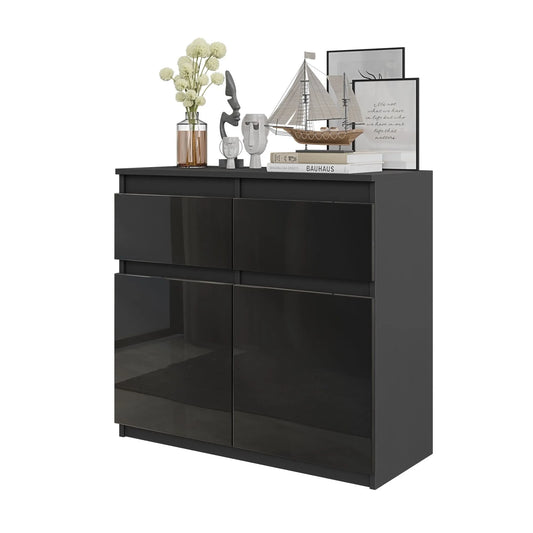 NOAH - Kommode / Sideboard mit 2 Schubladen und 2 Türen - Anthrazit Grau / Schwarz Gloss H75cm B80cm T35cm – Furnica