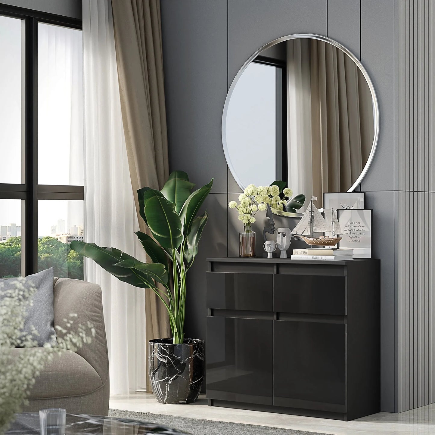 NOAH - Kommode / Sideboard mit 2 Schubladen und 2 Türen - Anthrazit Grau / Schwarz Gloss H75cm B80cm T35cm – Furnica