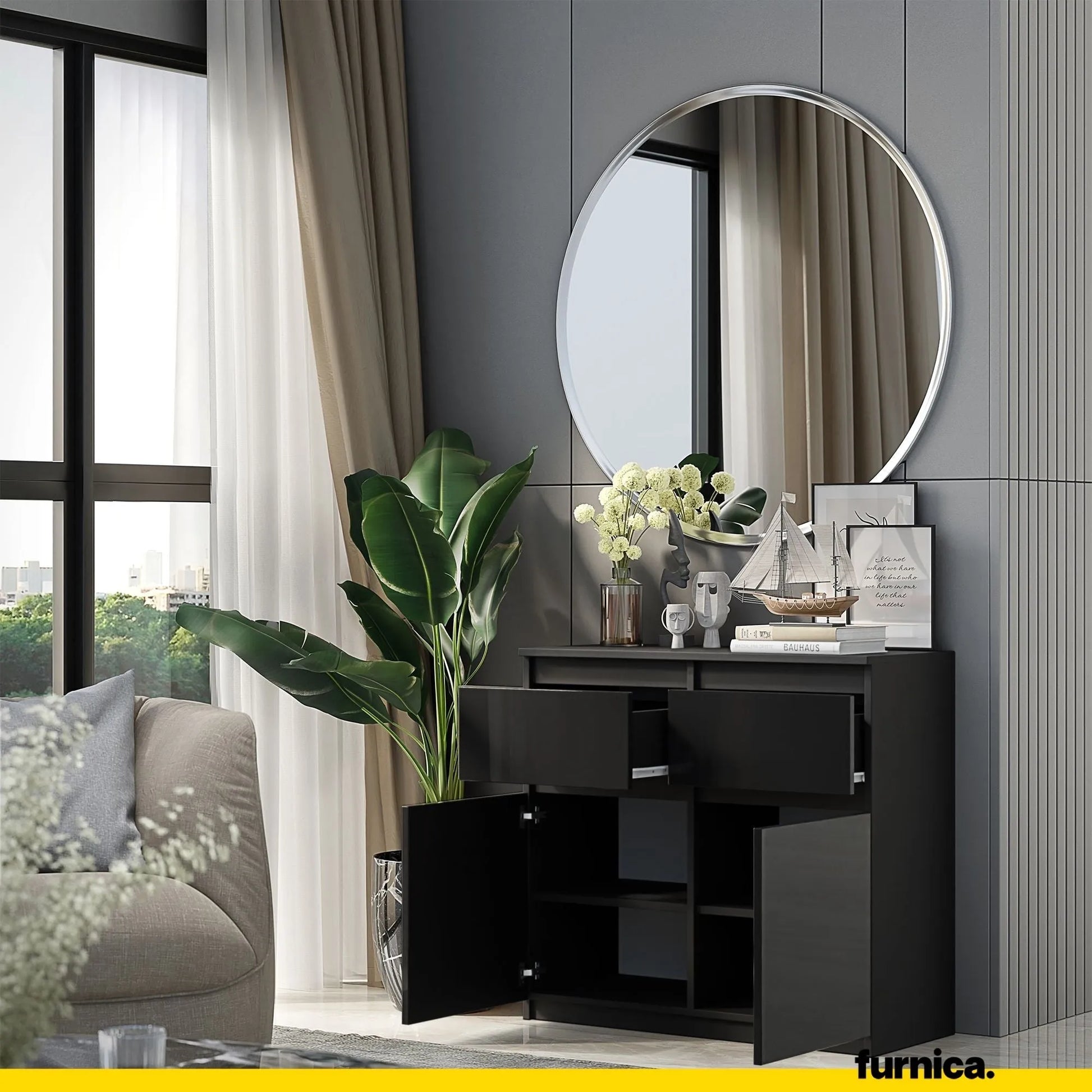 NOAH - Kommode / Sideboard mit 2 Schubladen und 2 Türen - Anthrazit Grau / Schwarz Gloss H75cm B80cm T35cm – Furnica