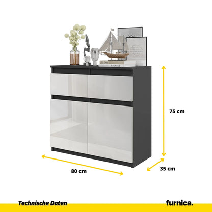 NOAH - Kommode / Sideboard mit 2 Schubladen und 2 Türen - Anthrazit Grau / Weiß Gloss H75cm B80cm T35cm – Furnica