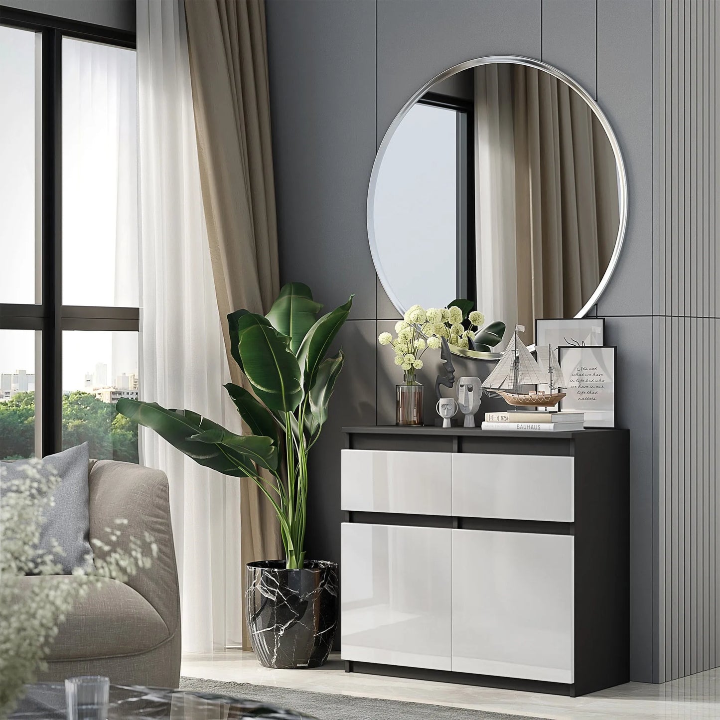 NOAH - Kommode / Sideboard mit 2 Schubladen und 2 Türen - Anthrazit Grau / Weiß Gloss H75cm B80cm T35cm – Furnica