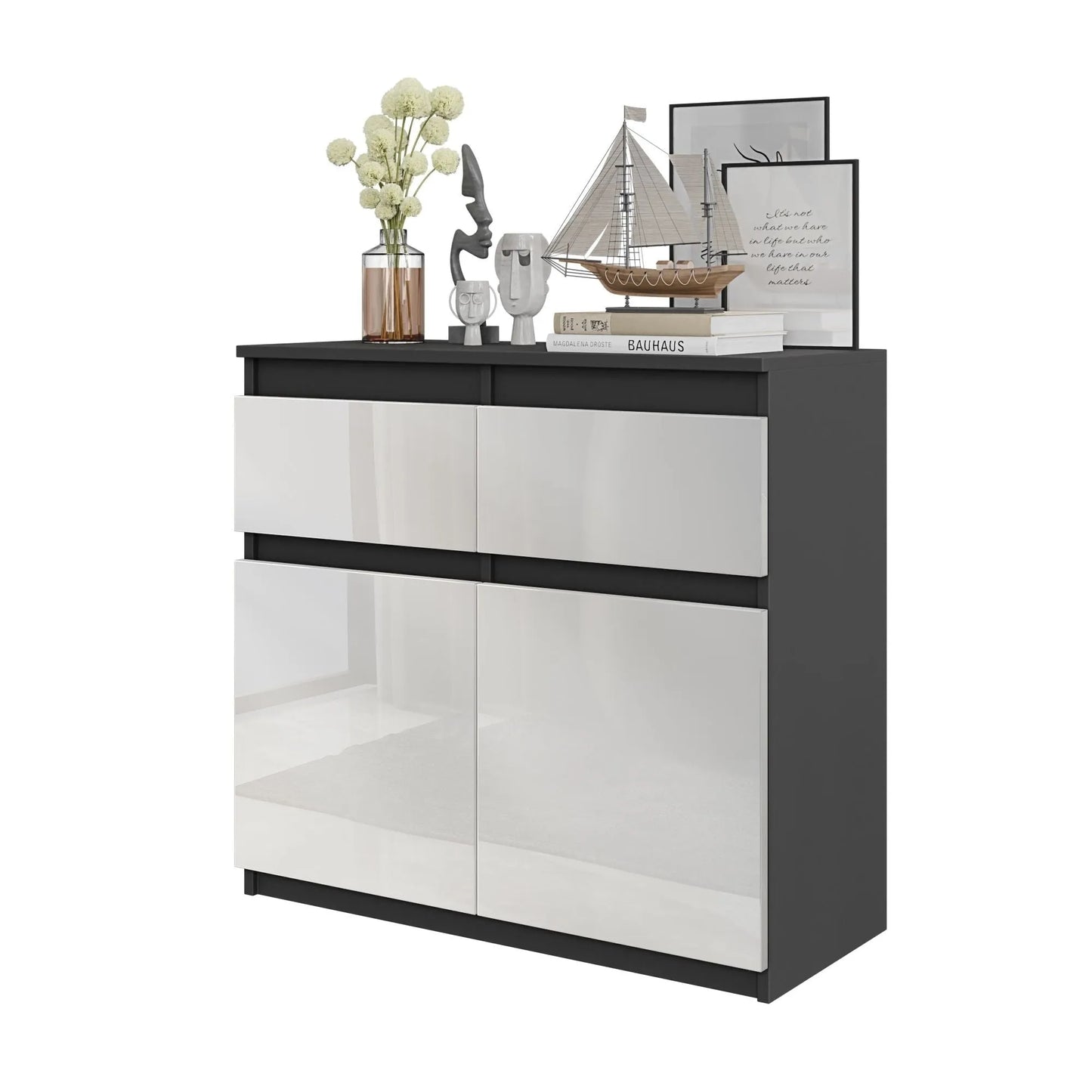 NOAH - Kommode / Sideboard mit 2 Schubladen und 2 Türen - Anthrazit Grau / Weiß Gloss H75cm B80cm T35cm – Furnica