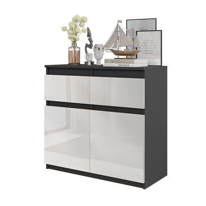 NOAH - Kommode / Sideboard mit 2 Schubladen und 2 Türen - Anthrazit Grau / Weiß Gloss H75cm B80cm T35cm – Furnica