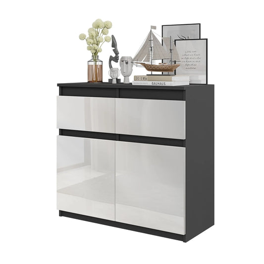 NOAH - Kommode / Sideboard mit 2 Schubladen und 2 Türen - Anthrazit Grau / Weiß Gloss H75cm B80cm T35cm – Furnica