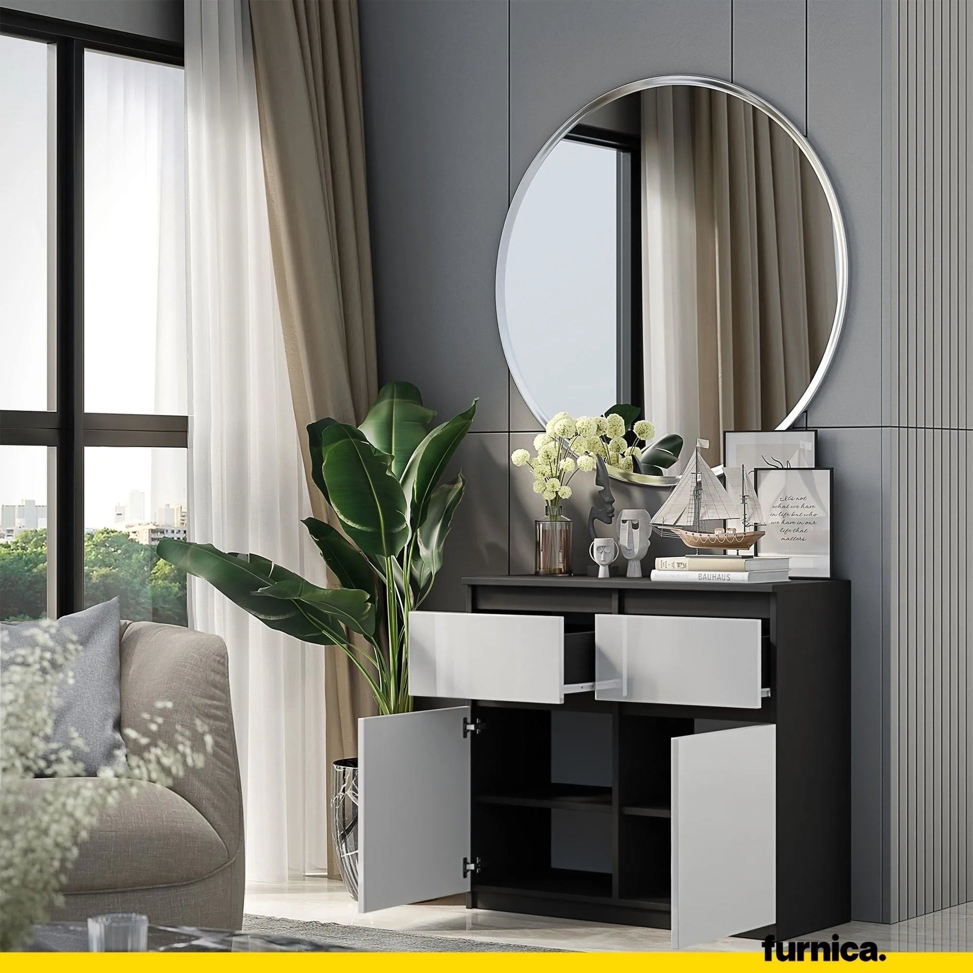 NOAH - Kommode / Sideboard mit 2 Schubladen und 2 Türen - Anthrazit Grau / Weiß Gloss H75cm B80cm T35cm – Furnica