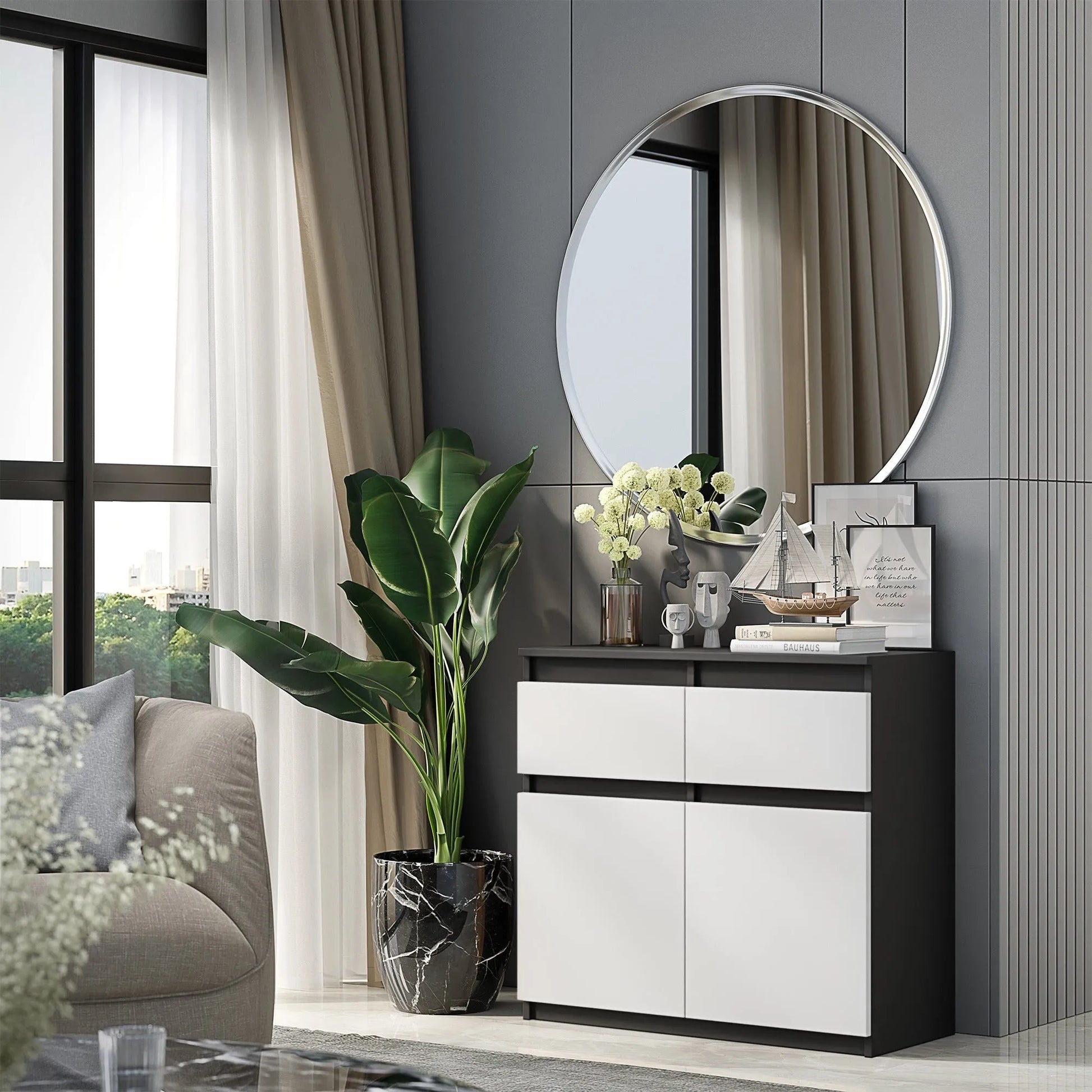 NOAH - Kommode / Sideboard mit 2 Schubladen und 2 Türen - Anthrazit Grau / Weiß Matt H75cm B80cm T35cm – Furnica