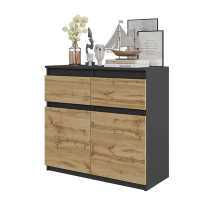 NOAH - Kommode / Sideboard mit 2 Schubladen und 2 Türen - Anthrazit Grau / Wotan Eiche H75cm B80cm T35cm – Furnica