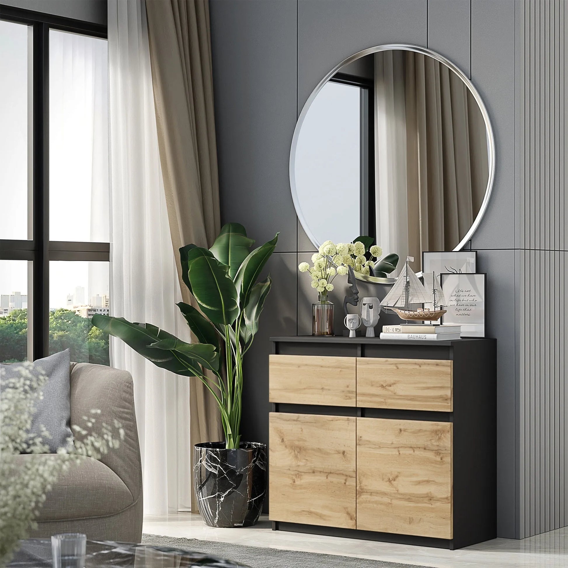 NOAH - Kommode / Sideboard mit 2 Schubladen und 2 Türen - Anthrazit Grau / Wotan Eiche H75cm B80cm T35cm – Furnica