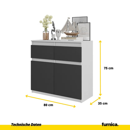 NOAH - Kommode / Sideboard mit 2 Schubladen und 2 Türen - Weiß Matt / Anthrazit Grau H75cm B80cm T35cm – Furnica