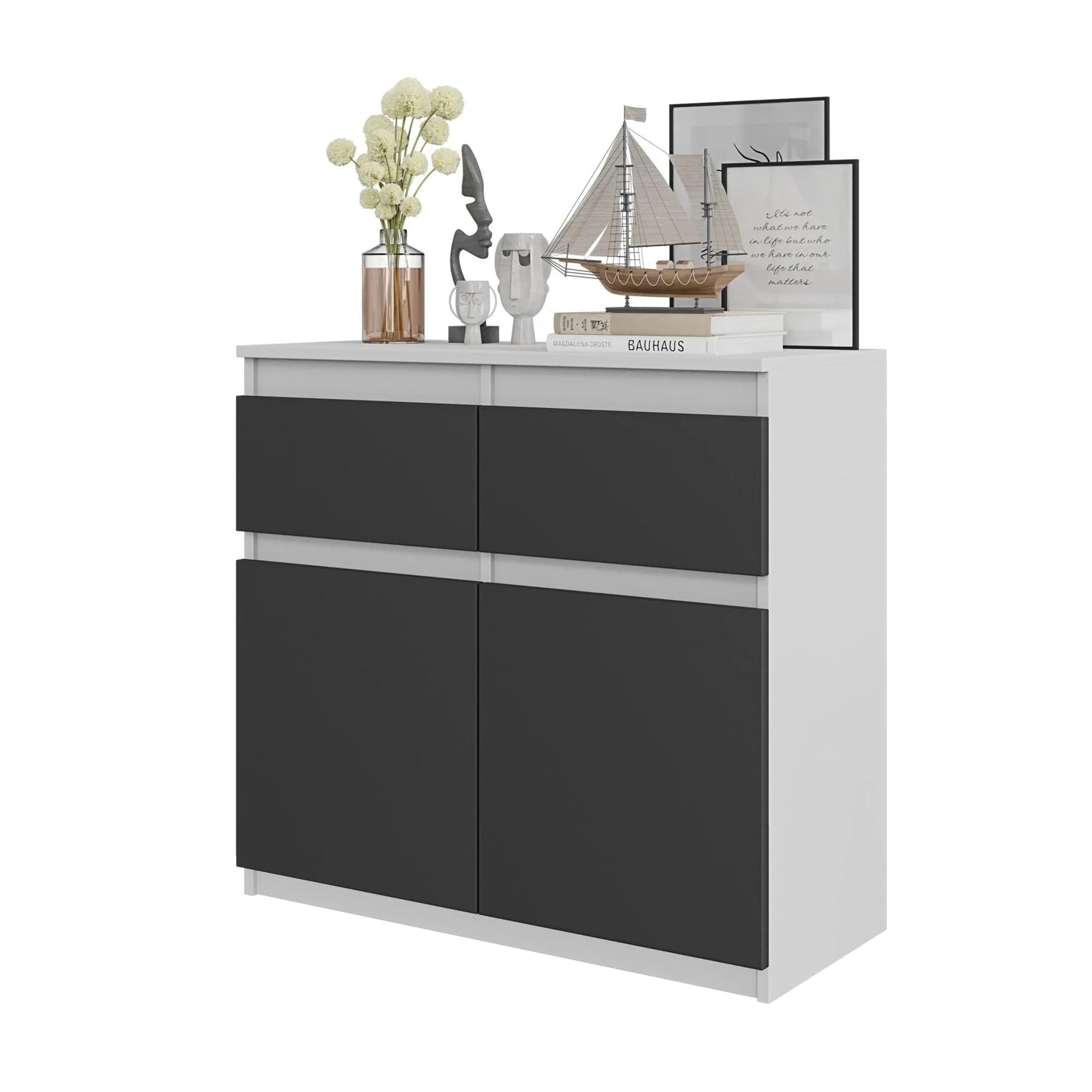 NOAH - Kommode / Sideboard mit 2 Schubladen und 2 Türen - Weiß Matt / Anthrazit Grau H75cm B80cm T35cm – Furnica