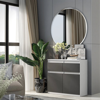 NOAH - Kommode / Sideboard mit 2 Schubladen und 2 Türen - Weiß Matt / Anthrazit Grau H75cm B80cm T35cm – Furnica