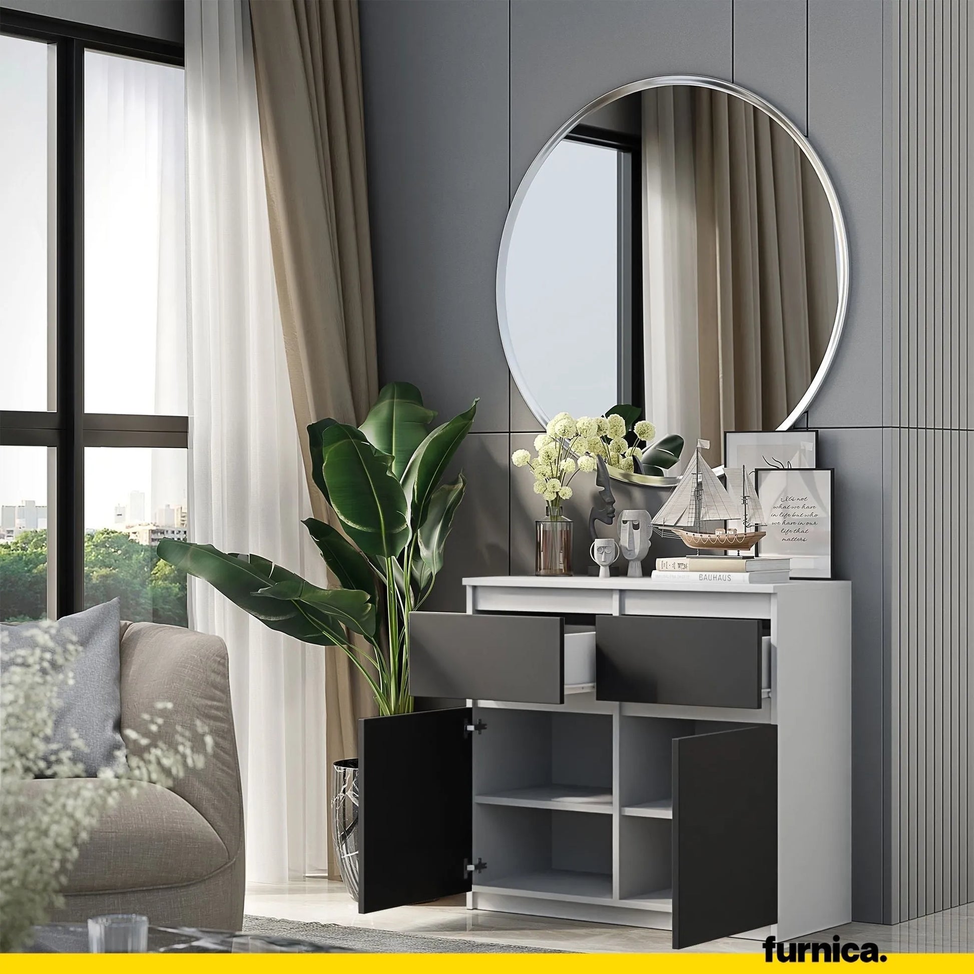 NOAH - Kommode / Sideboard mit 2 Schubladen und 2 Türen - Weiß Matt / Anthrazit Grau H75cm B80cm T35cm – Furnica