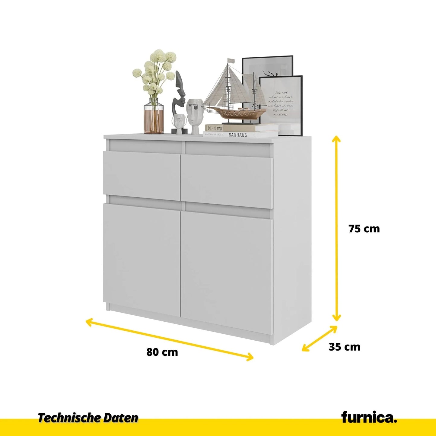 NOAH - Kommode / Sideboard mit 2 Schubladen und 2 Türen - Weiß Matt H75cm B80cm T35cm – Furnica