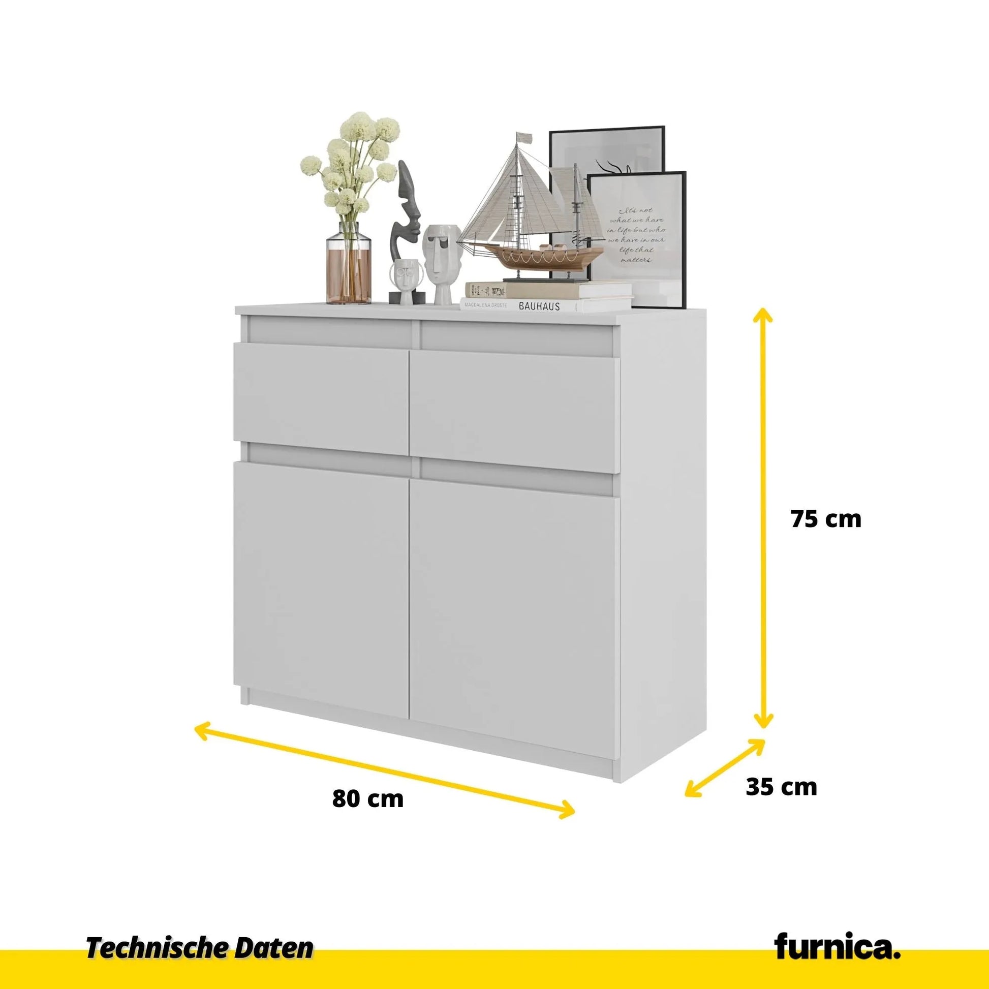 NOAH - Kommode / Sideboard mit 2 Schubladen und 2 Türen - Weiß Matt H75cm B80cm T35cm – Furnica
