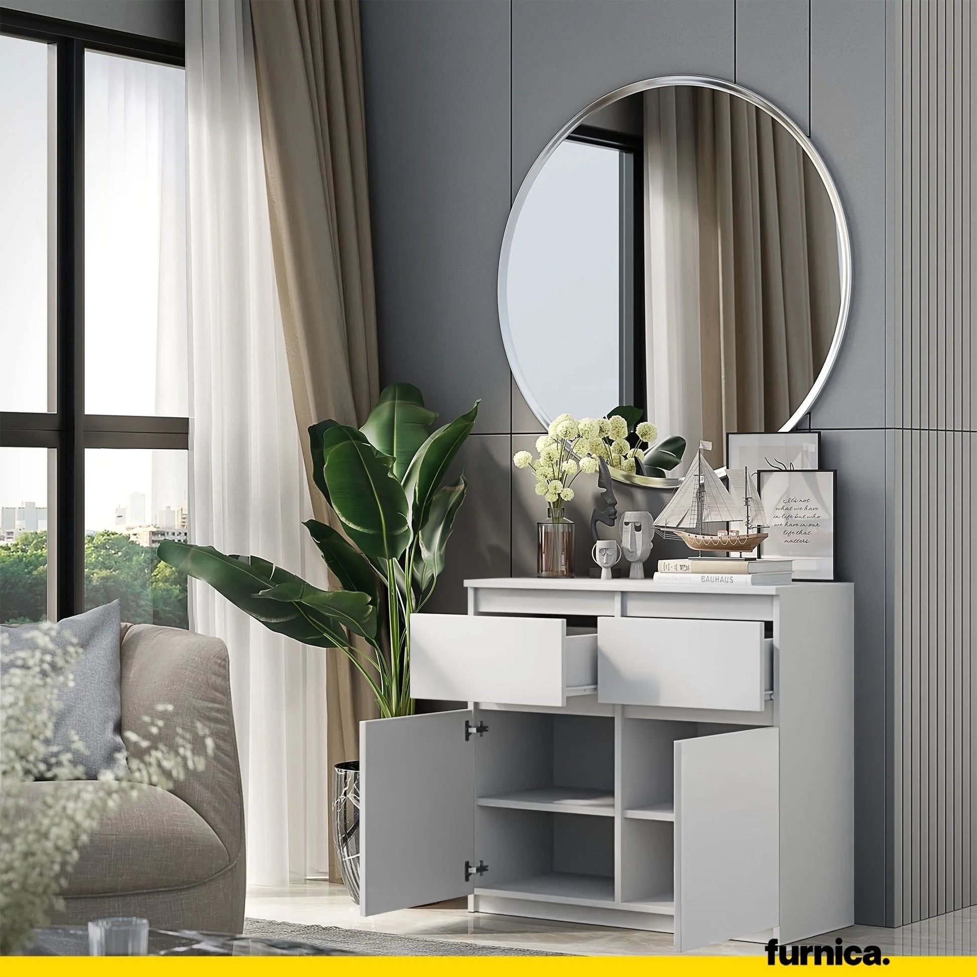 NOAH - Kommode / Sideboard mit 2 Schubladen und 2 Türen - Weiß Matt H75cm B80cm T35cm – Furnica