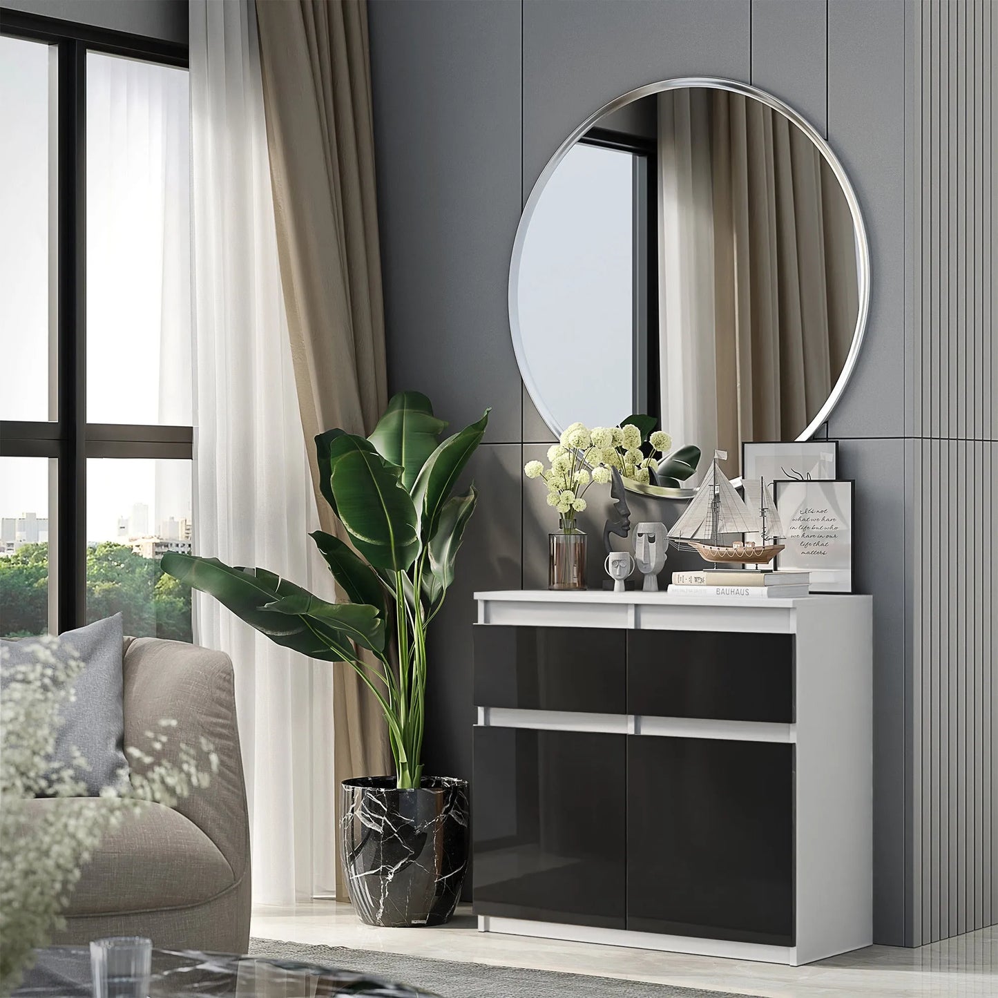 NOAH - Kommode / Sideboard mit 2 Schubladen und 2 Türen - Weiß Matt / Schwarz Gloss H75cm B80cm T35cm – Furnica