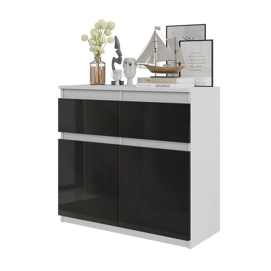 NOAH - Kommode / Sideboard mit 2 Schubladen und 2 Türen - Weiß Matt / Schwarz Gloss H75cm B80cm T35cm – Furnica