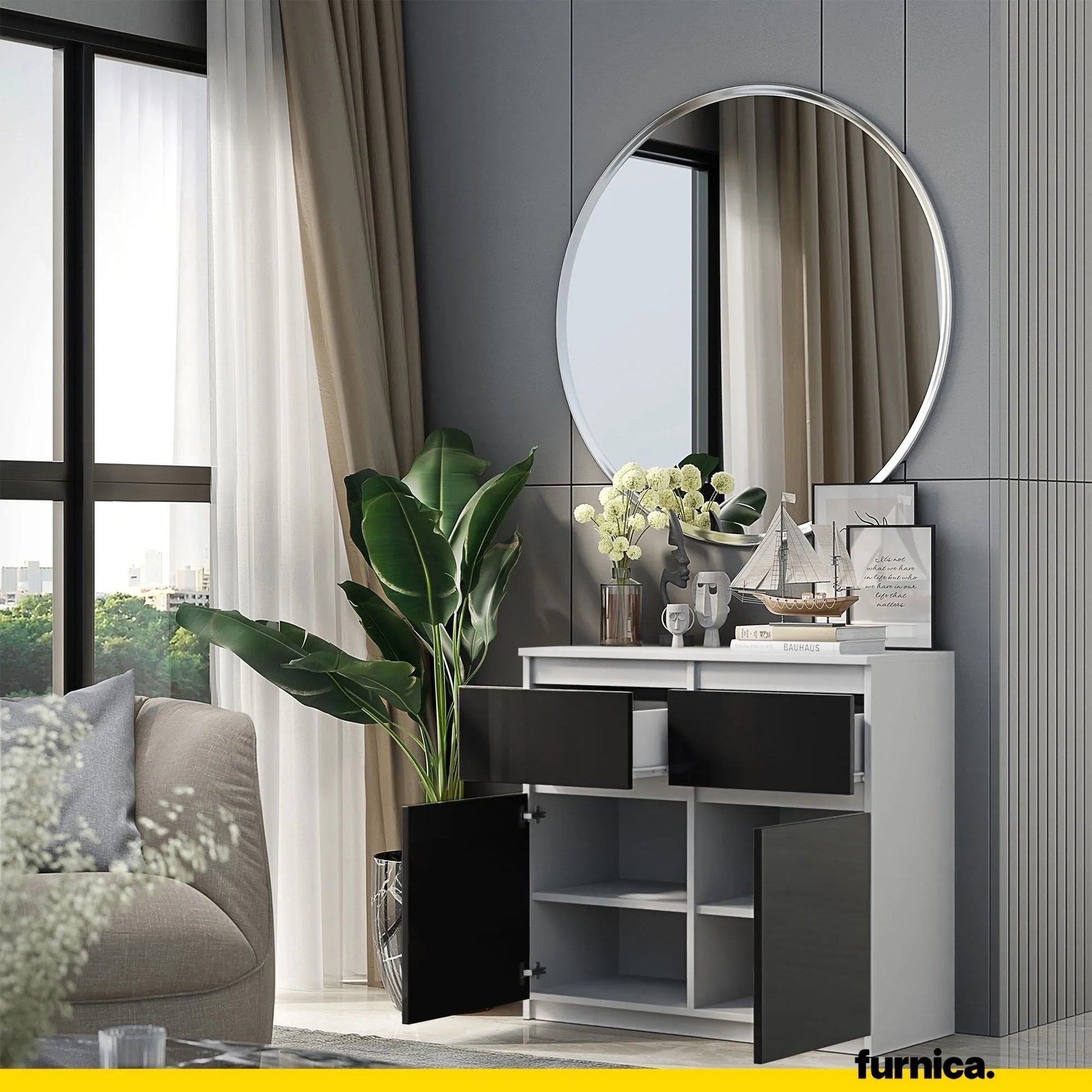 NOAH - Kommode / Sideboard mit 2 Schubladen und 2 Türen - Weiß Matt / Schwarz Gloss H75cm B80cm T35cm – Furnica