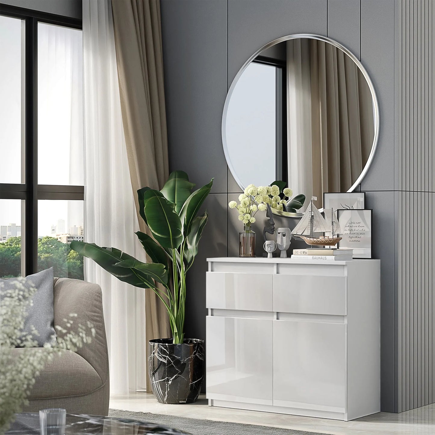 NOAH - Kommode / Sideboard mit 2 Schubladen und 2 Türen - Weiß Matt / Weiß Gloss H75cm B80cm T35cm – Furnica