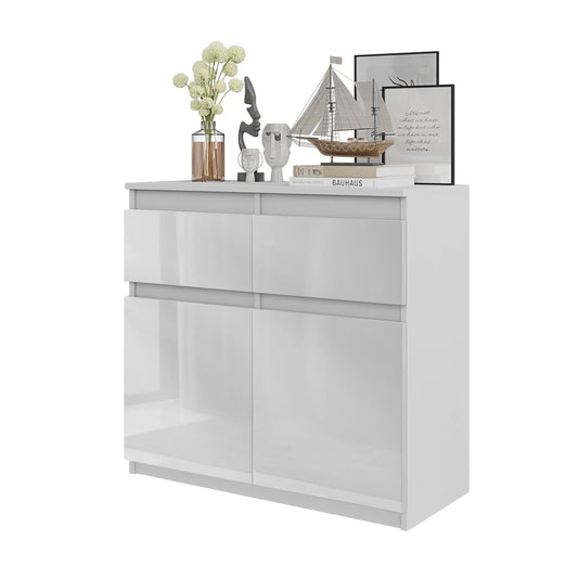 NOAH - Kommode / Sideboard mit 2 Schubladen und 2 Türen - Weiß Matt / Weiß Gloss H75cm B80cm T35cm – Furnica