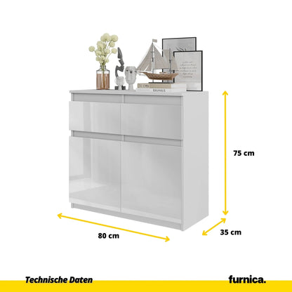 NOAH - Kommode / Sideboard mit 2 Schubladen und 2 Türen - Weiß Matt / Weiß Gloss H75cm B80cm T35cm – Furnica