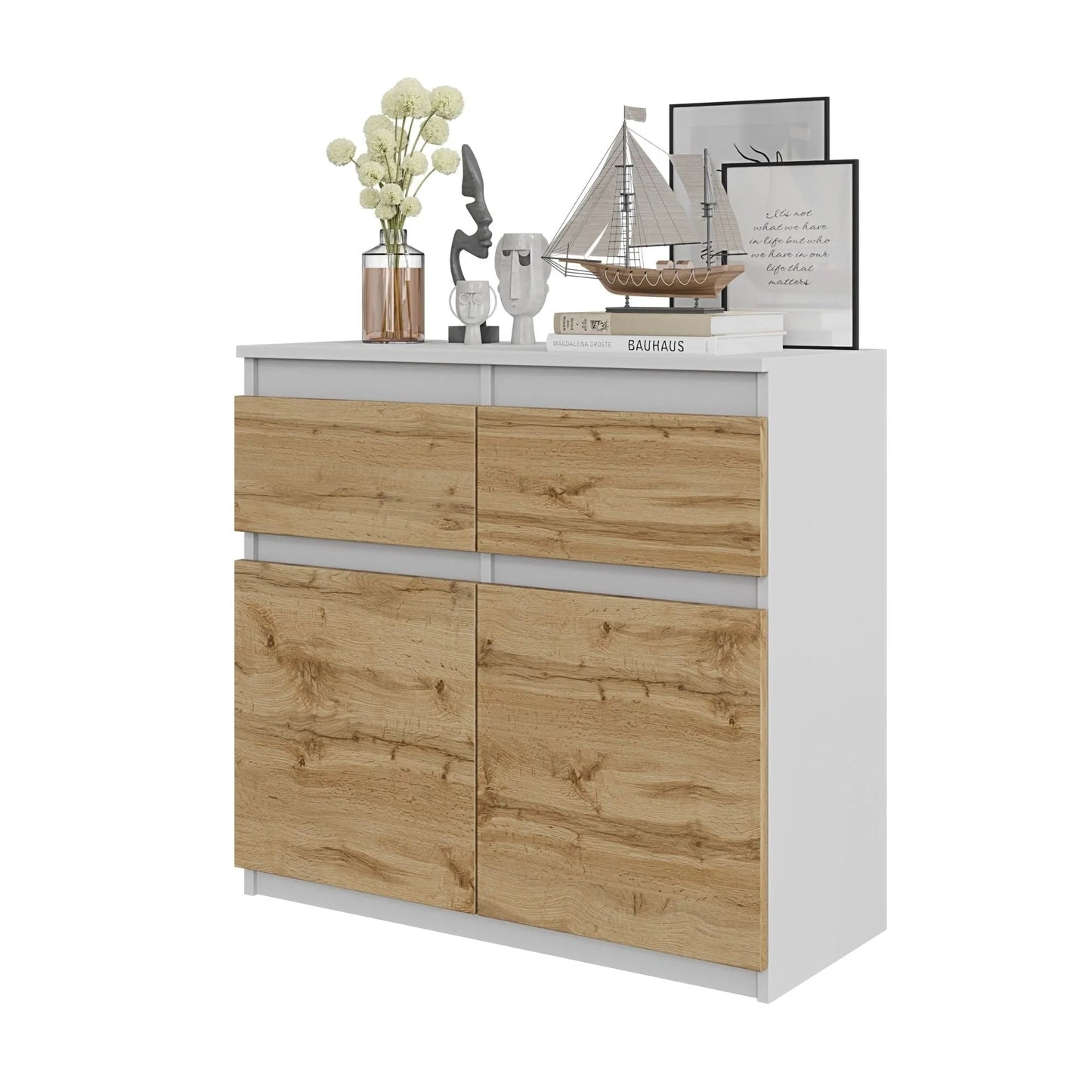 NOAH - Kommode / Sideboard mit 2 Schubladen und 2 Türen - Weiß Matt / Wotan Eiche H75cm B80cm T35cm – Furnica