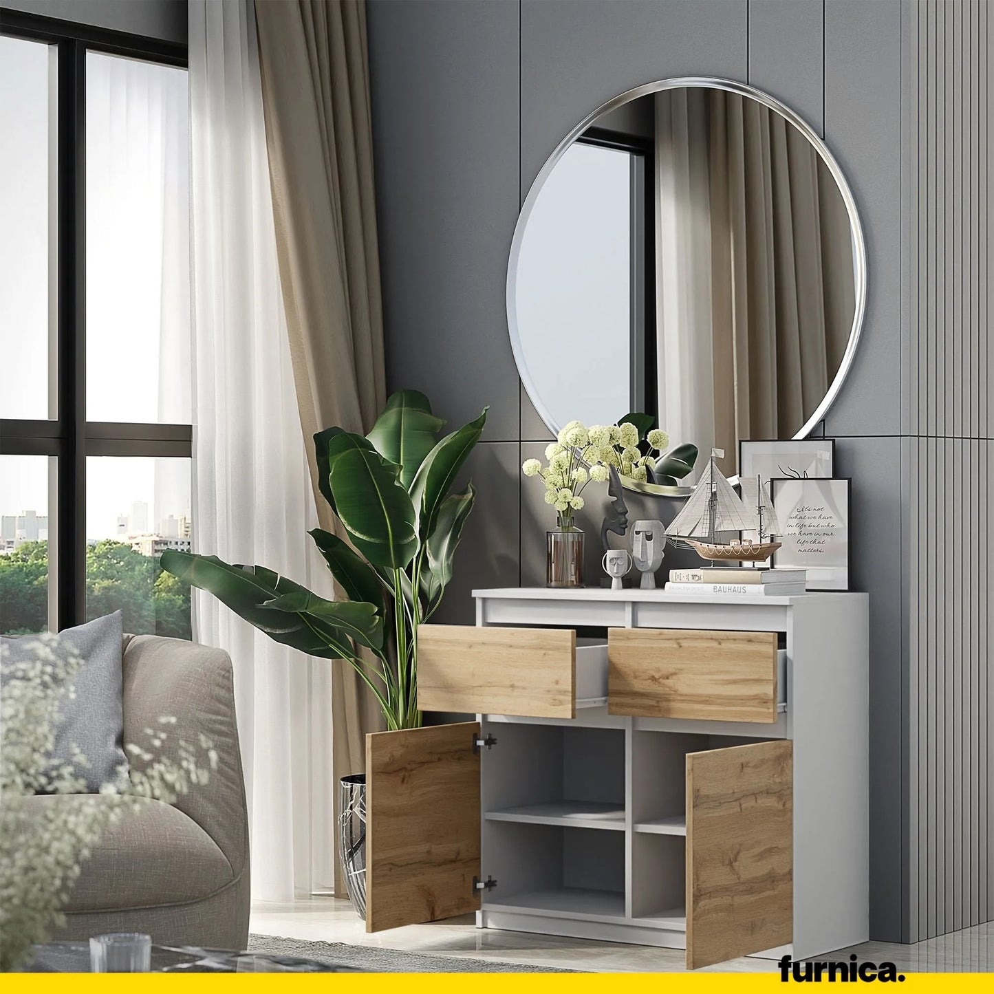NOAH - Kommode / Sideboard mit 2 Schubladen und 2 Türen - Weiß Matt / Wotan Eiche H75cm B80cm T35cm – Furnica