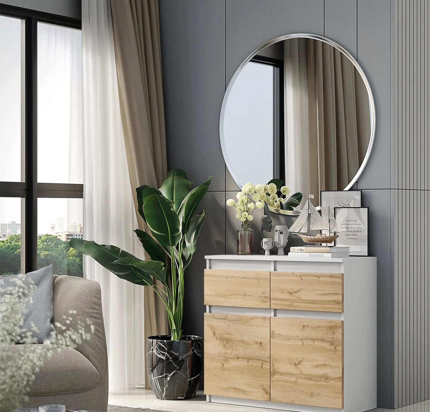 NOAH - Kommode / Sideboard mit 2 Schubladen und 2 Türen - Weiß Matt / Wotan Eiche H75cm B80cm T35cm – Furnica