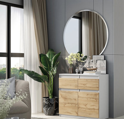 NOAH - Kommode / Sideboard mit 2 Schubladen und 2 Türen - Weiß Matt / Wotan Eiche H75cm B80cm T35cm – Furnica