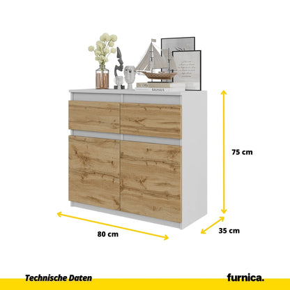 NOAH - Kommode / Sideboard mit 2 Schubladen und 2 Türen - Weiß Matt / Wotan Eiche H75cm B80cm T35cm – Furnica