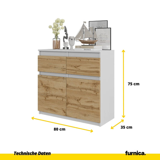 NOAH - Kommode / Sideboard mit 2 Schubladen und 2 Türen - Weiß Matt / Wotan Eiche H75cm B80cm T35cm – Furnica