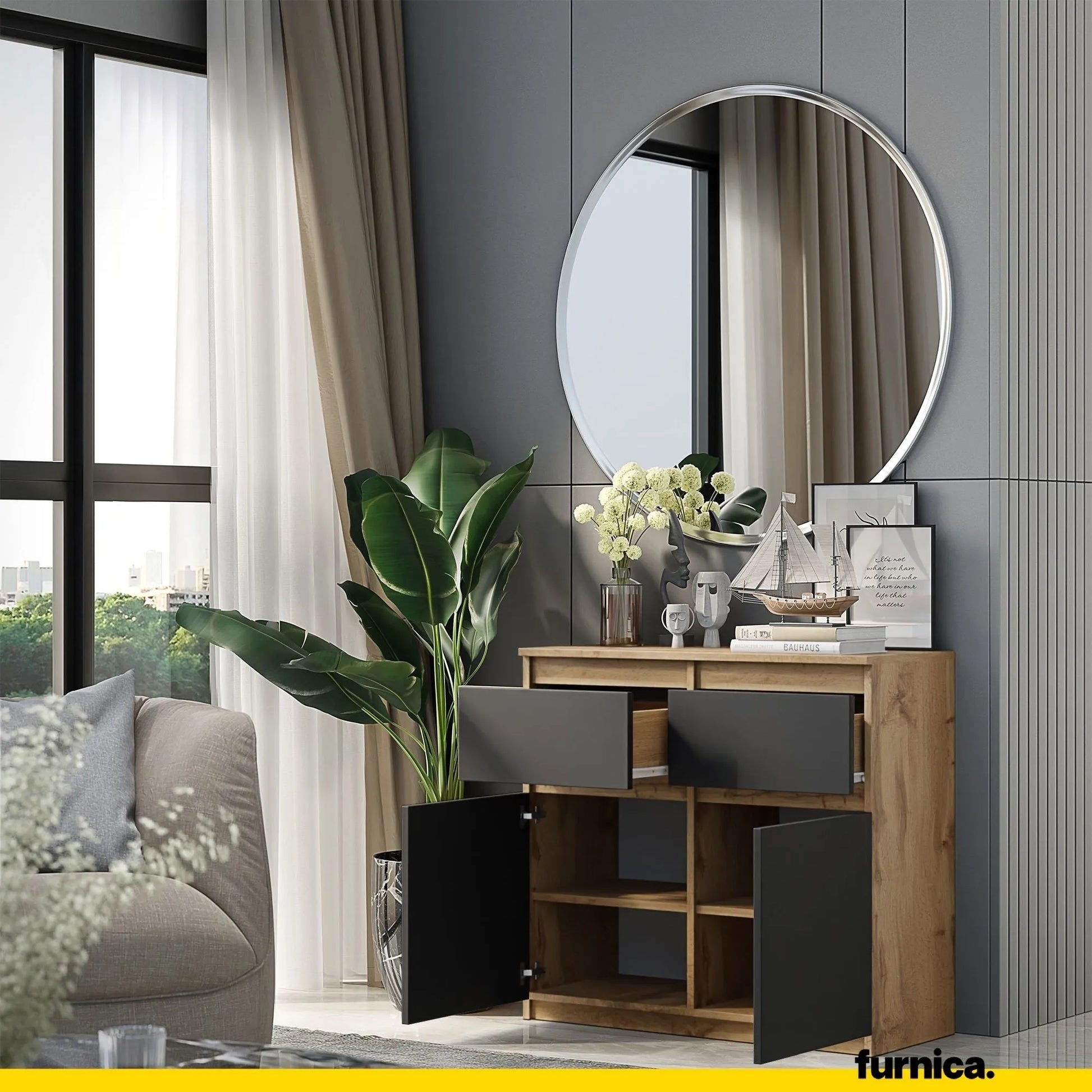 NOAH - Kommode / Sideboard mit 2 Schubladen und 2 Türen - Wotan Eiche / Anthrazit Grau H75cm B80cm T35cm – Furnica