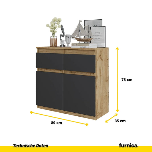 NOAH - Kommode / Sideboard mit 2 Schubladen und 2 Türen - Wotan Eiche / Anthrazit Grau H75cm B80cm T35cm – Furnica