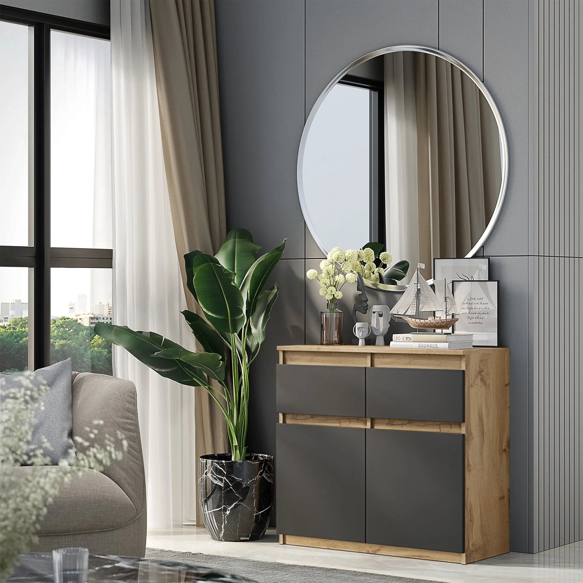 NOAH - Kommode / Sideboard mit 2 Schubladen und 2 Türen - Wotan Eiche / Anthrazit Grau H75cm B80cm T35cm – Furnica