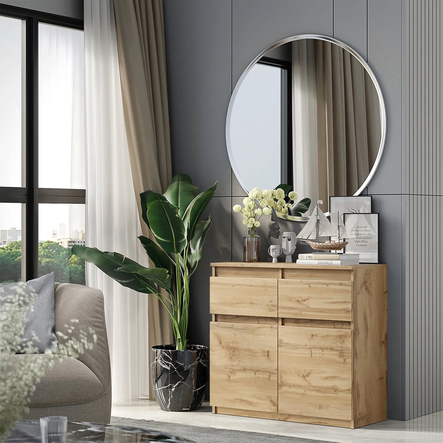 NOAH - Kommode / Sideboard mit 2 Schubladen und 2 Türen - Wotan Eiche H75cm B80cm T35cm – Furnica