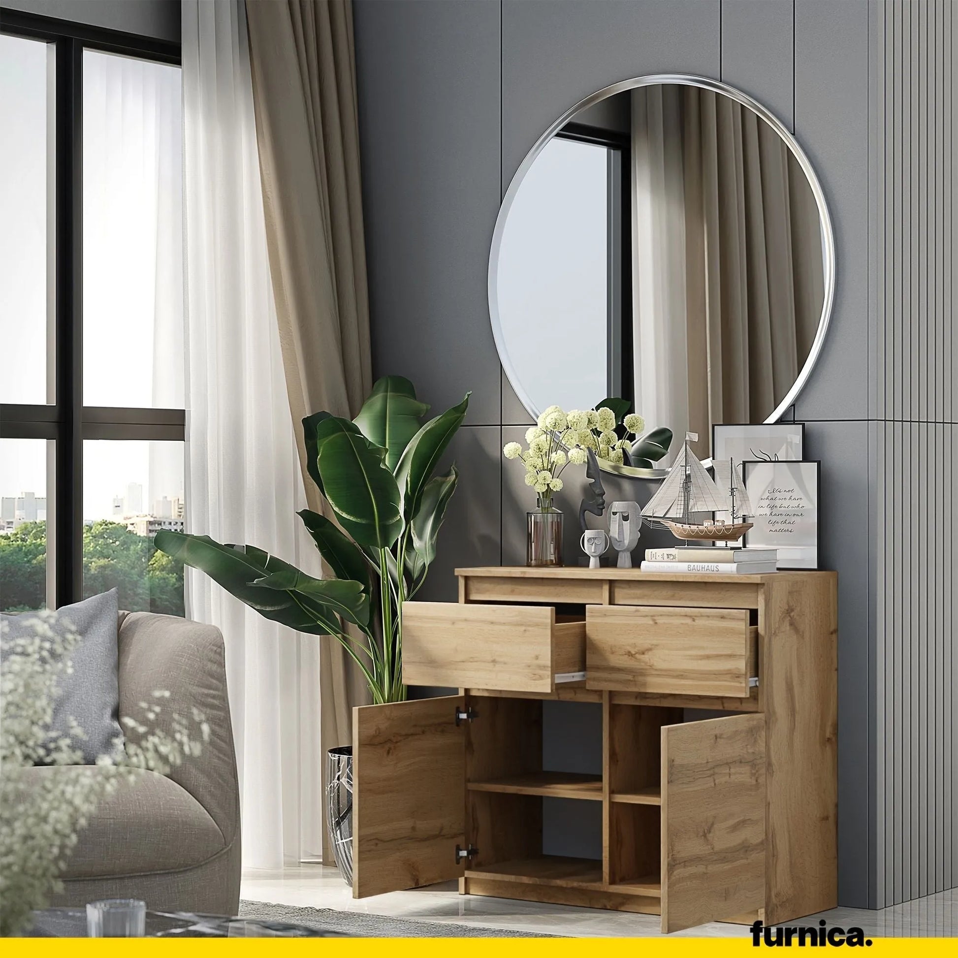NOAH - Kommode / Sideboard mit 2 Schubladen und 2 Türen - Wotan Eiche H75cm B80cm T35cm – Furnica