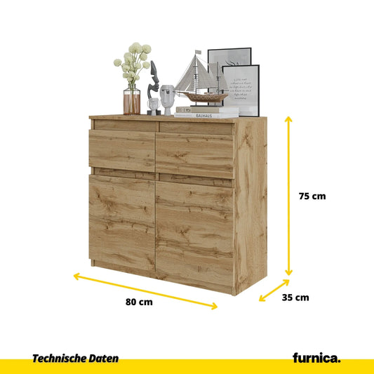 NOAH - Kommode / Sideboard mit 2 Schubladen und 2 Türen - Wotan Eiche H75cm B80cm T35cm – Furnica