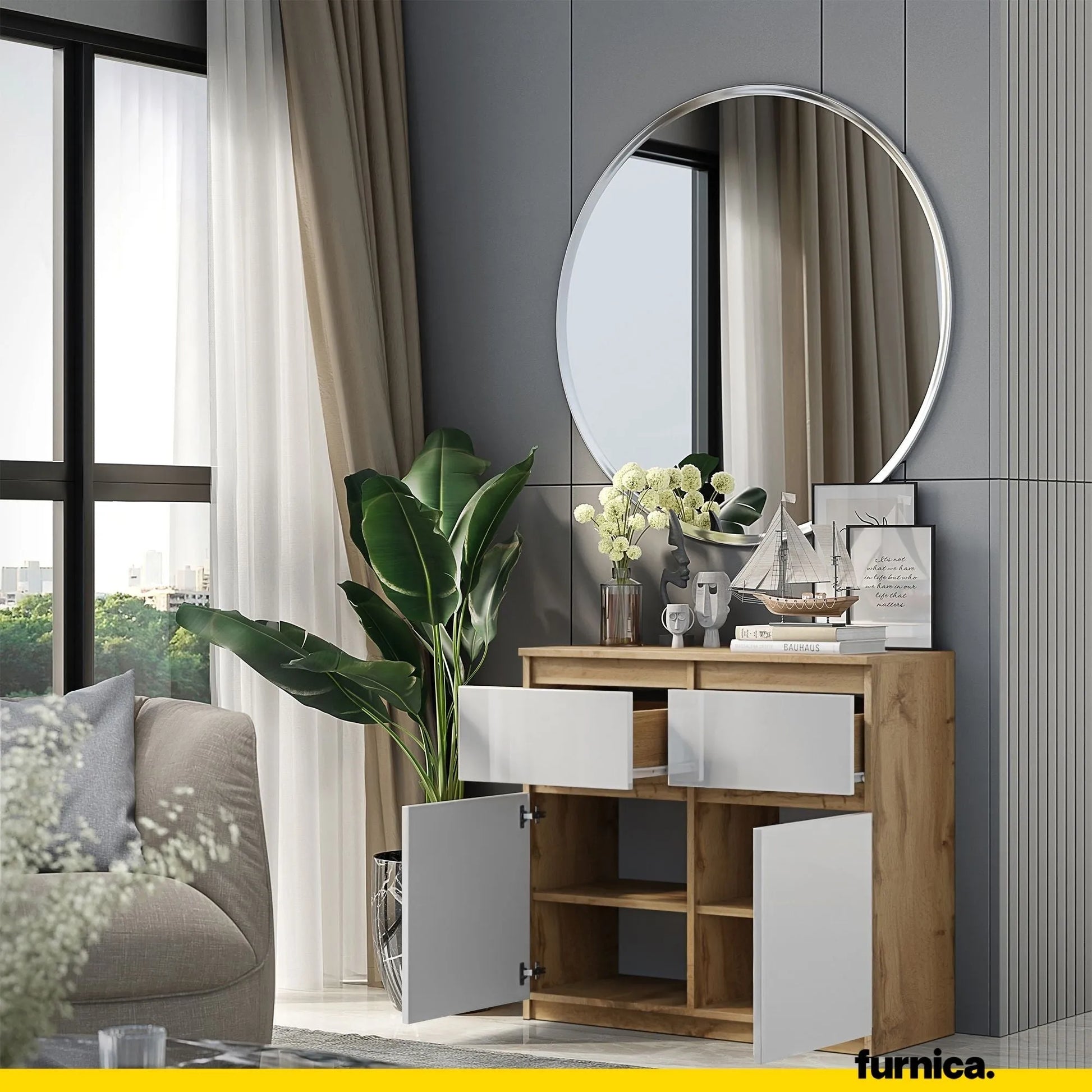 NOAH - Kommode / Sideboard mit 2 Schubladen und 2 Türen - Wotan Eiche / Weiß Gloss H75cm B80cm T35cm – Furnica